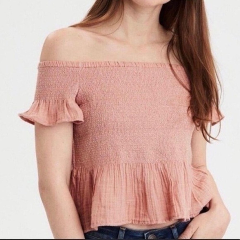 American Eagle Women Sz L Pink Boho Casual Smocked Off The Shoulder Peplum Top